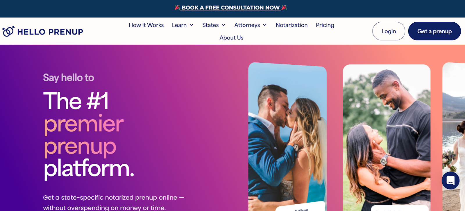 Hello Prenup homepage interface - affordable online prenup service