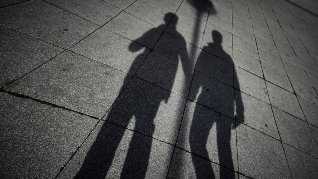 Shadows of a couple walking side by side