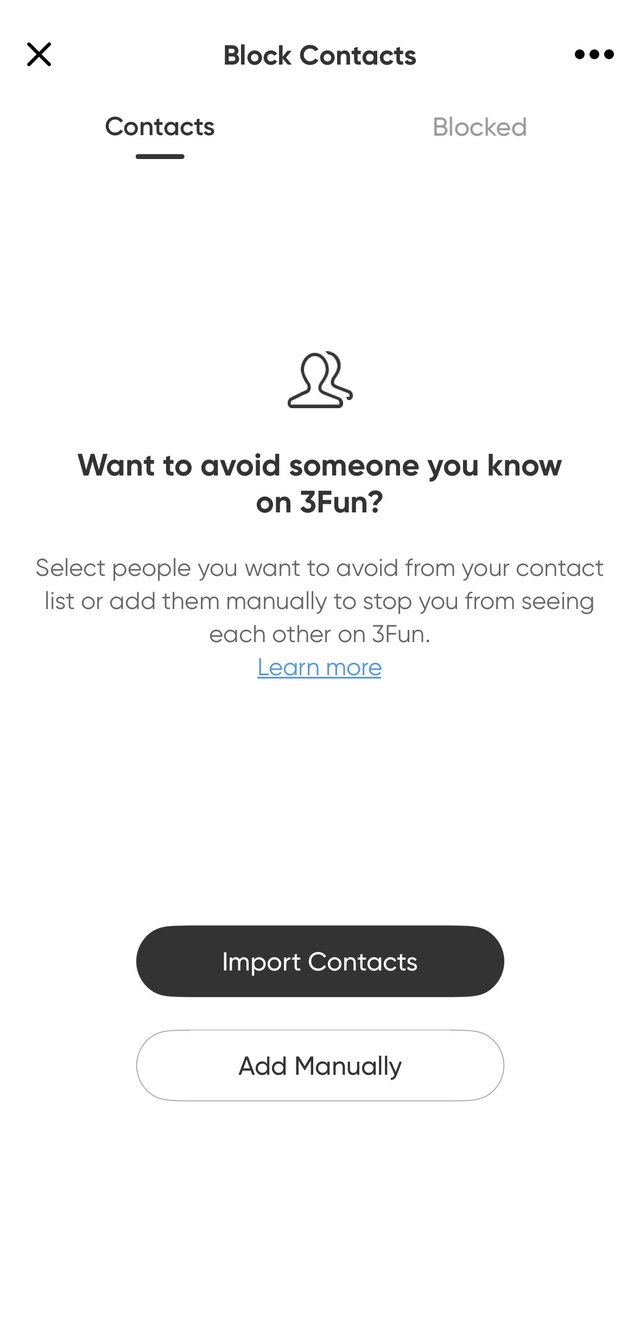 3Fun Block Contacts screen offering to import a phone contact list to hide profiles from people you know