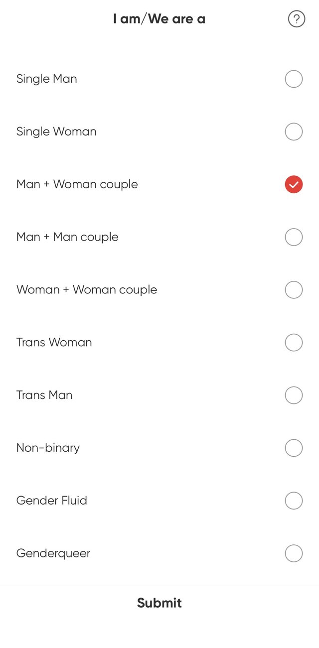 3Fun sign-up screen listing ten identity options from Single Man to Genderqueer with Man plus Woman couple selected