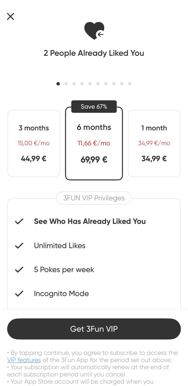 3Fun VIP paywall showing one month, three month and six month prices in euros with a Save 67 percent badge