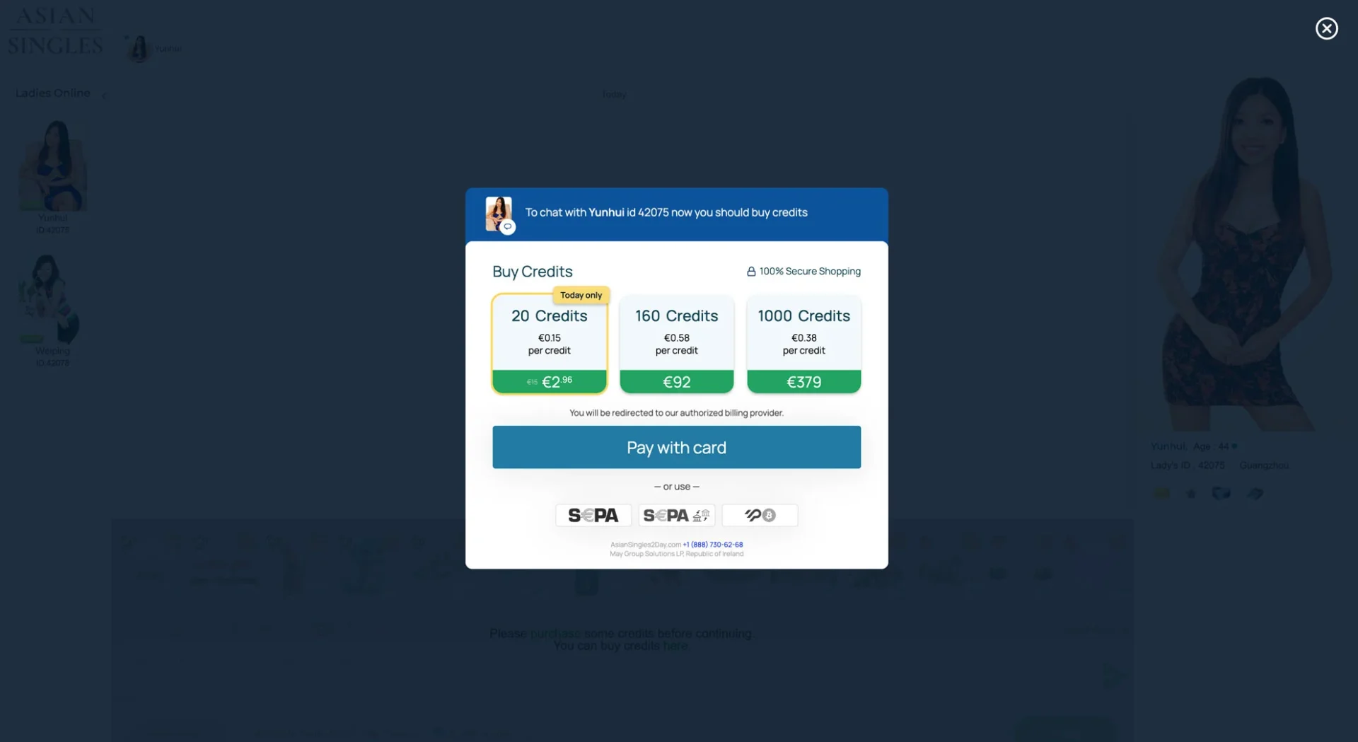 AsianSingles2Day buy credits modal showing 20 credits for 2.96 euro, 160 for 92 euro and 1000 for 379 euro