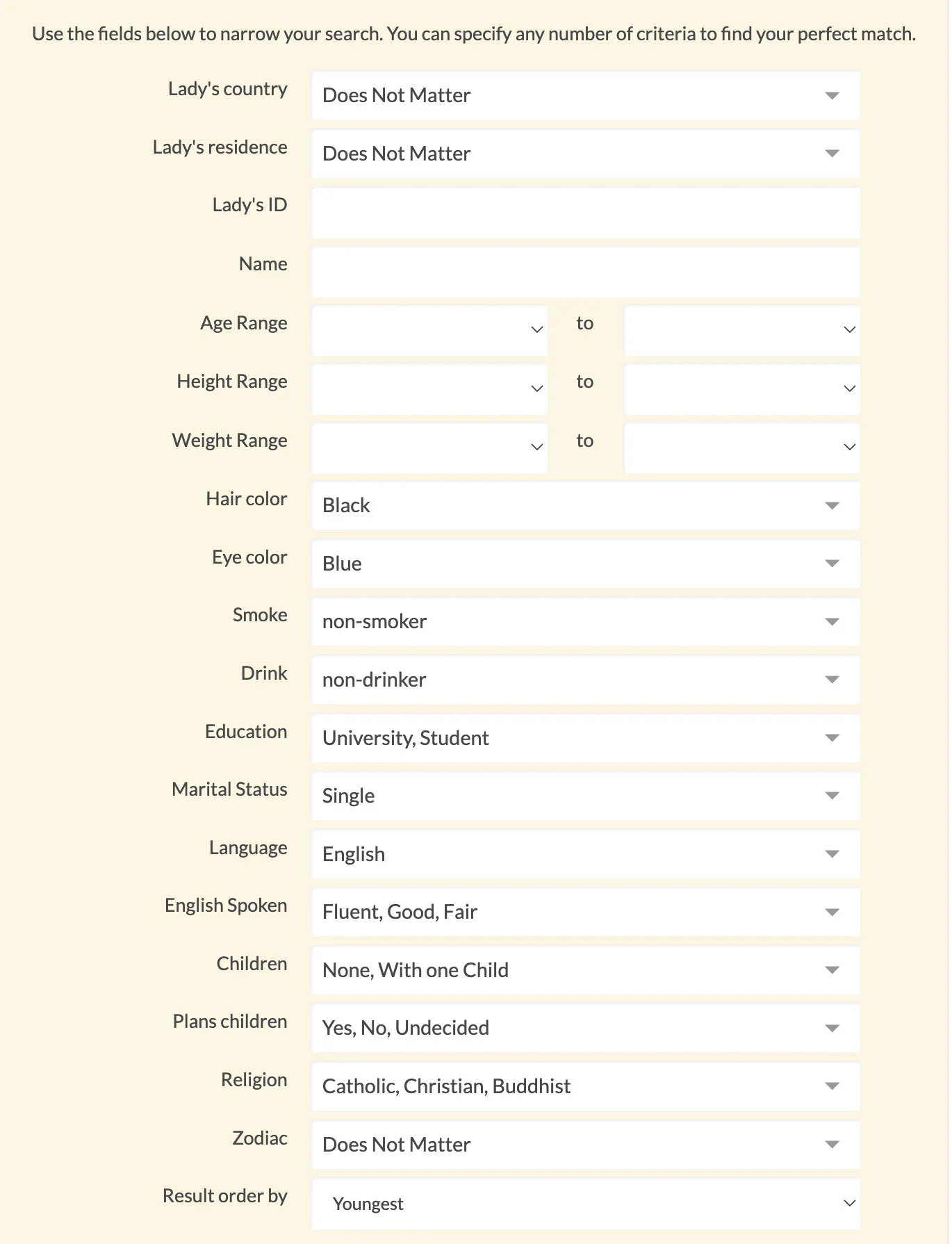 AsianSingles2Day search filters listing Lady country, residence, height and weight ranges