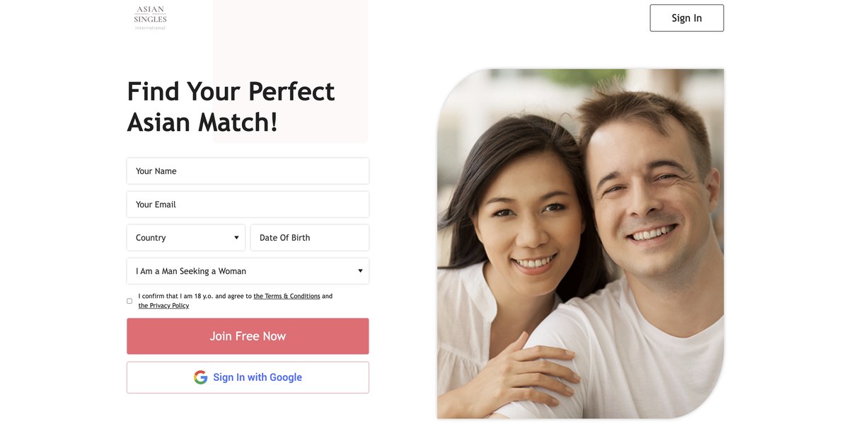 AsianSingles2Day homepage with the Find Your Perfect Asian Match signup form