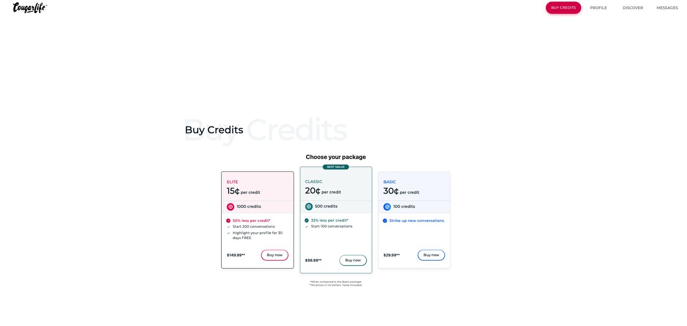 Cougar Life credit packages screen showing Basic, Classic, and Elite credit packs