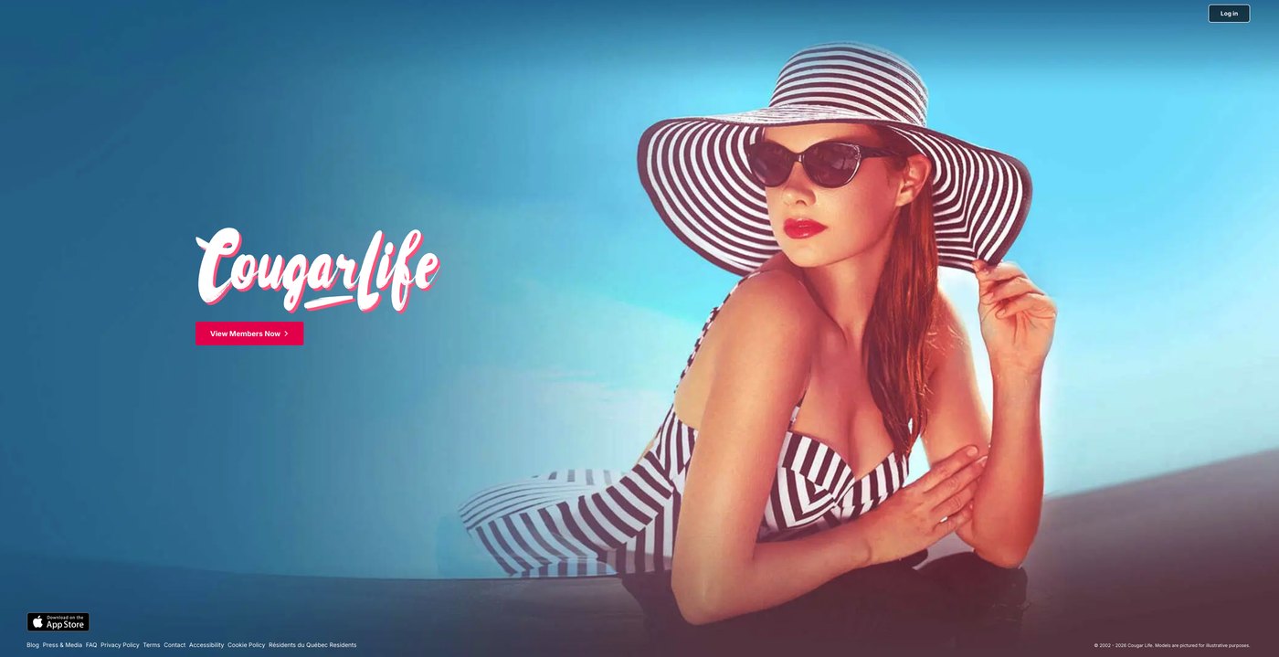 Cougar Life homepage with the brand wordmark and a View Members Now button over a poolside photo