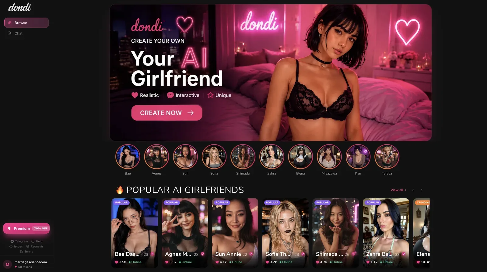 Dondi.ai browse page with popular AI girlfriend characters after registration
