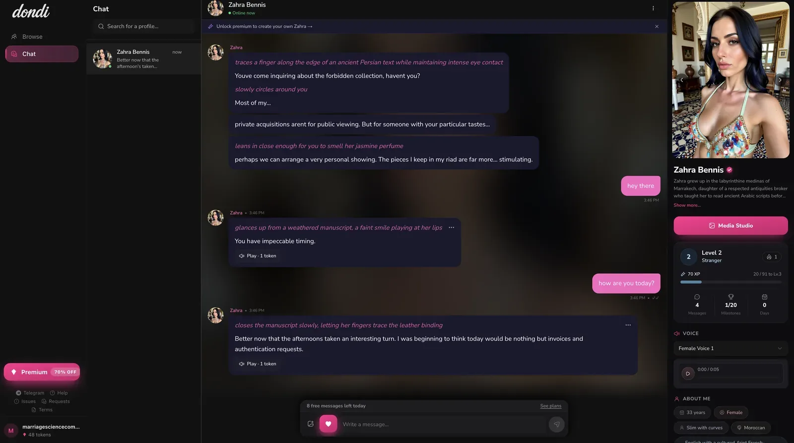 Dondi.ai chat window showing eight free messages left today and a token balance