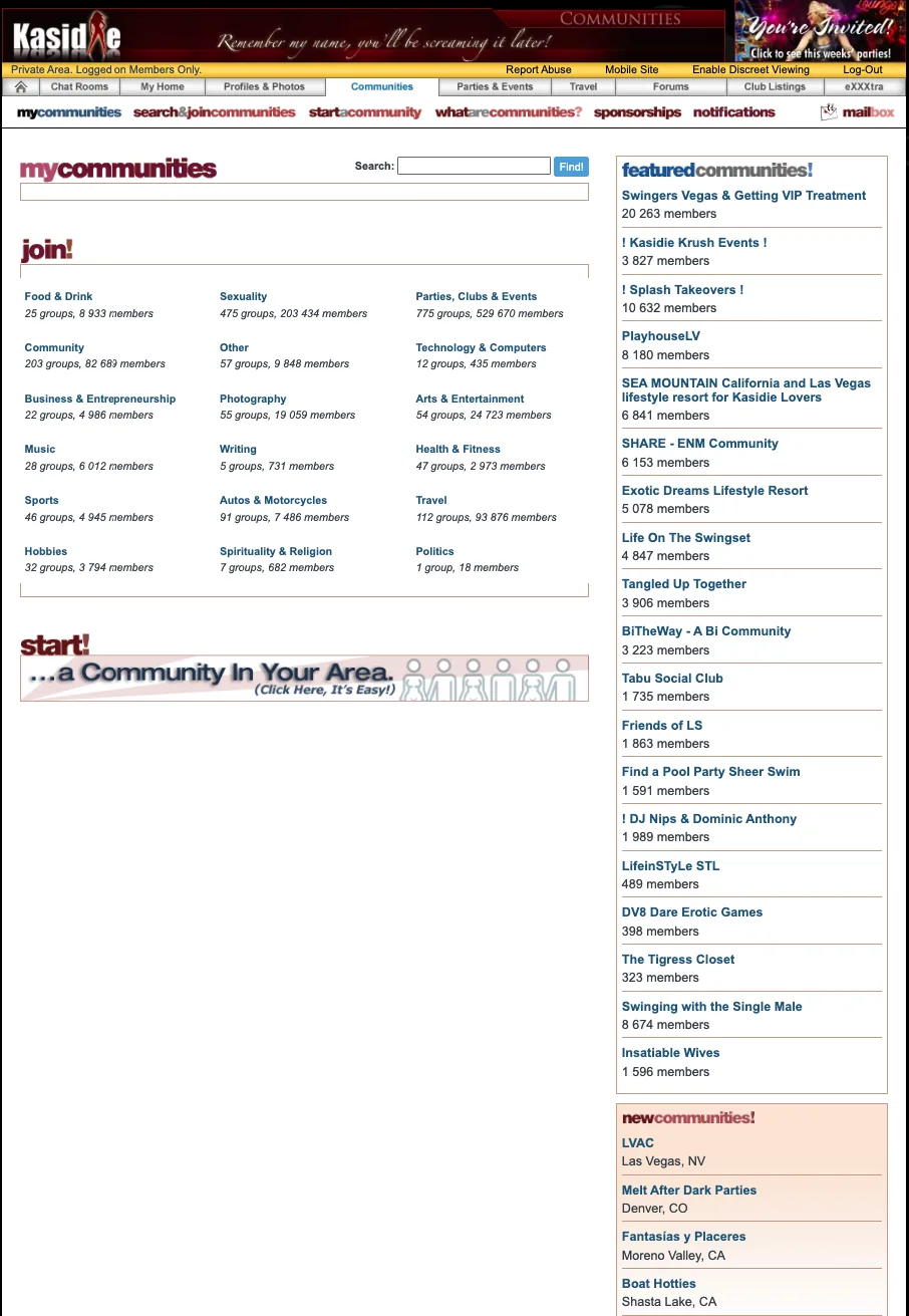 Kasidie communities page listing group categories with the number of groups and members in each