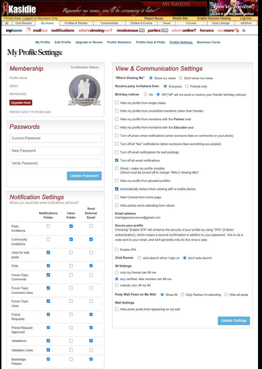 Kasidie profile settings page showing options to hide a profile from single males and uncertified members