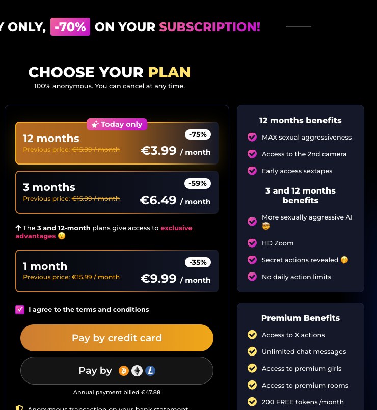 PocketGirl AI checkout showing 12 month, 3 month and 1 month plans with a 70 percent banner