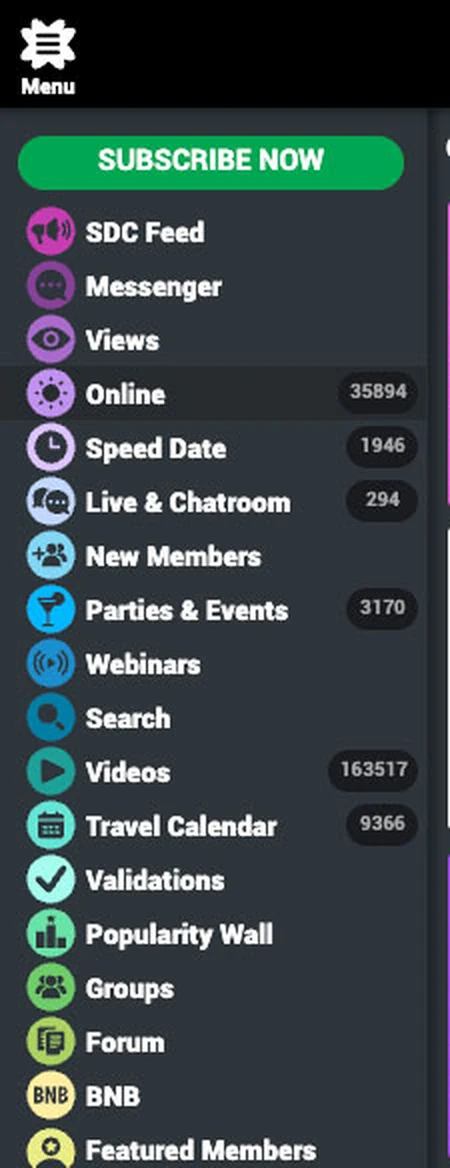 SDC sidebar counters showing members online, speed date, parties and events, videos and travel calendar totals