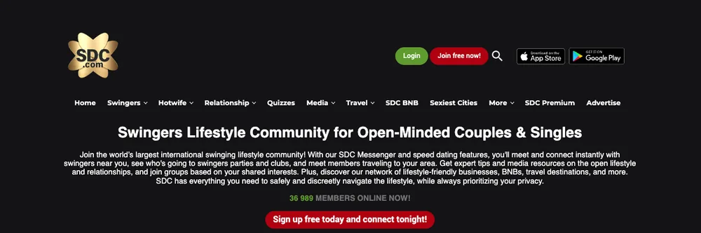 SDC homepage claiming the world largest swinging lifestyle community with iOS and Android app badges