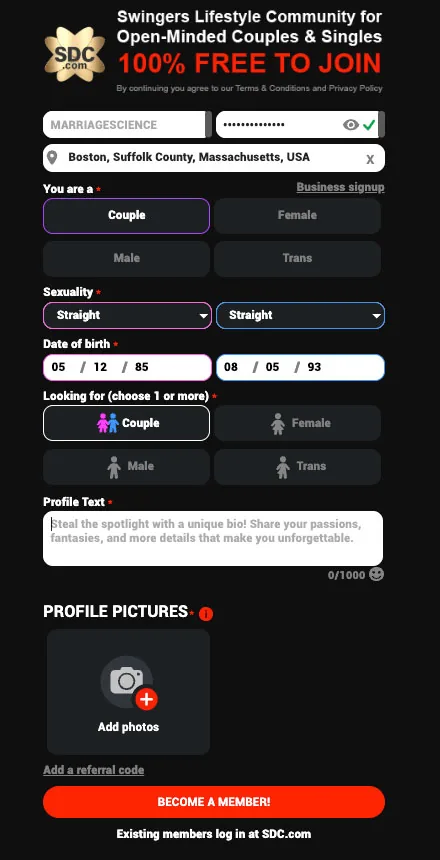 SDC profile creation form asking for role, sexuality, dates of birth and a required profile picture
