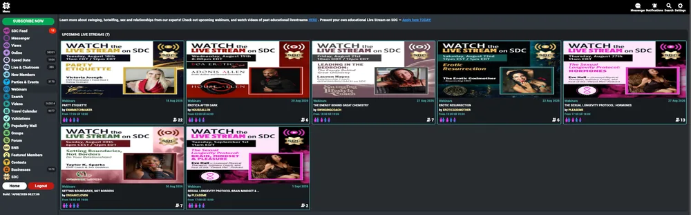 SDC webinars page listing seven upcoming live streams with signup counts