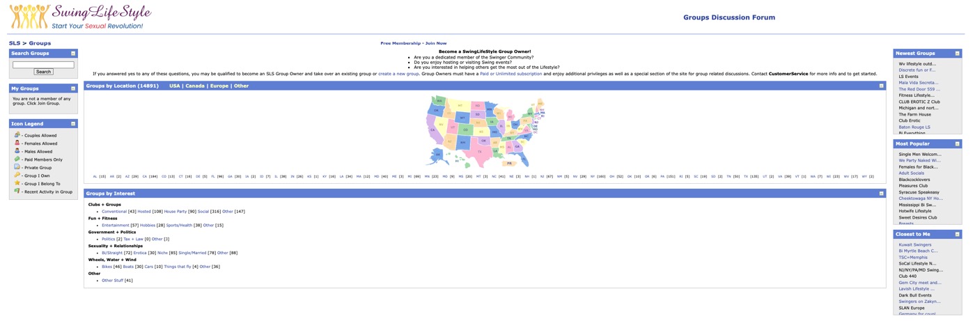 SwingLifeStyle groups directory showing a US map, per-state counts and a category breakdown