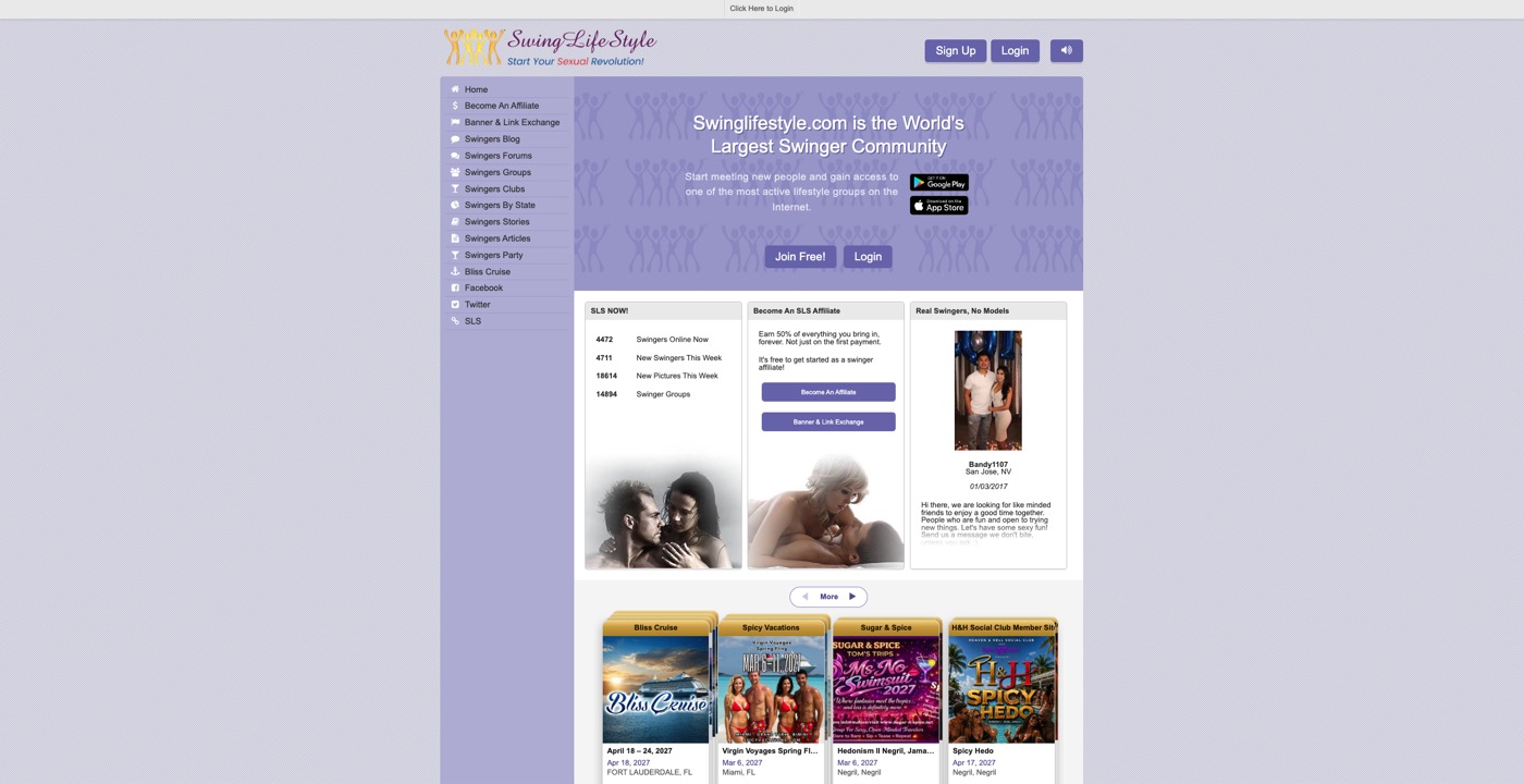 SwingLifeStyle homepage with a left menu of forums, groups, clubs and parties and a live counter panel