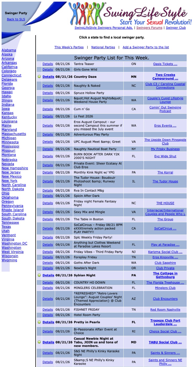 SwingLifeStyle weekly party list showing dated entries with state codes and host club names
