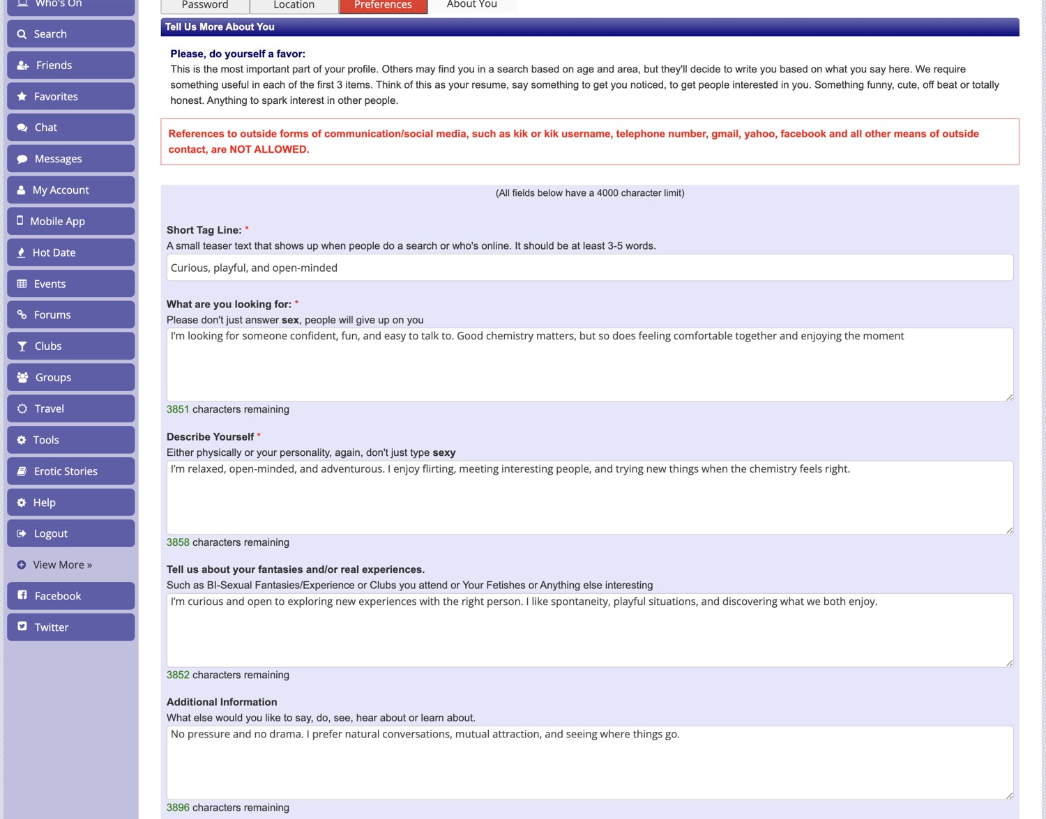 SwingLifeStyle profile form with a filled tagline and description fields and a red warning that outside contact details are not allowed