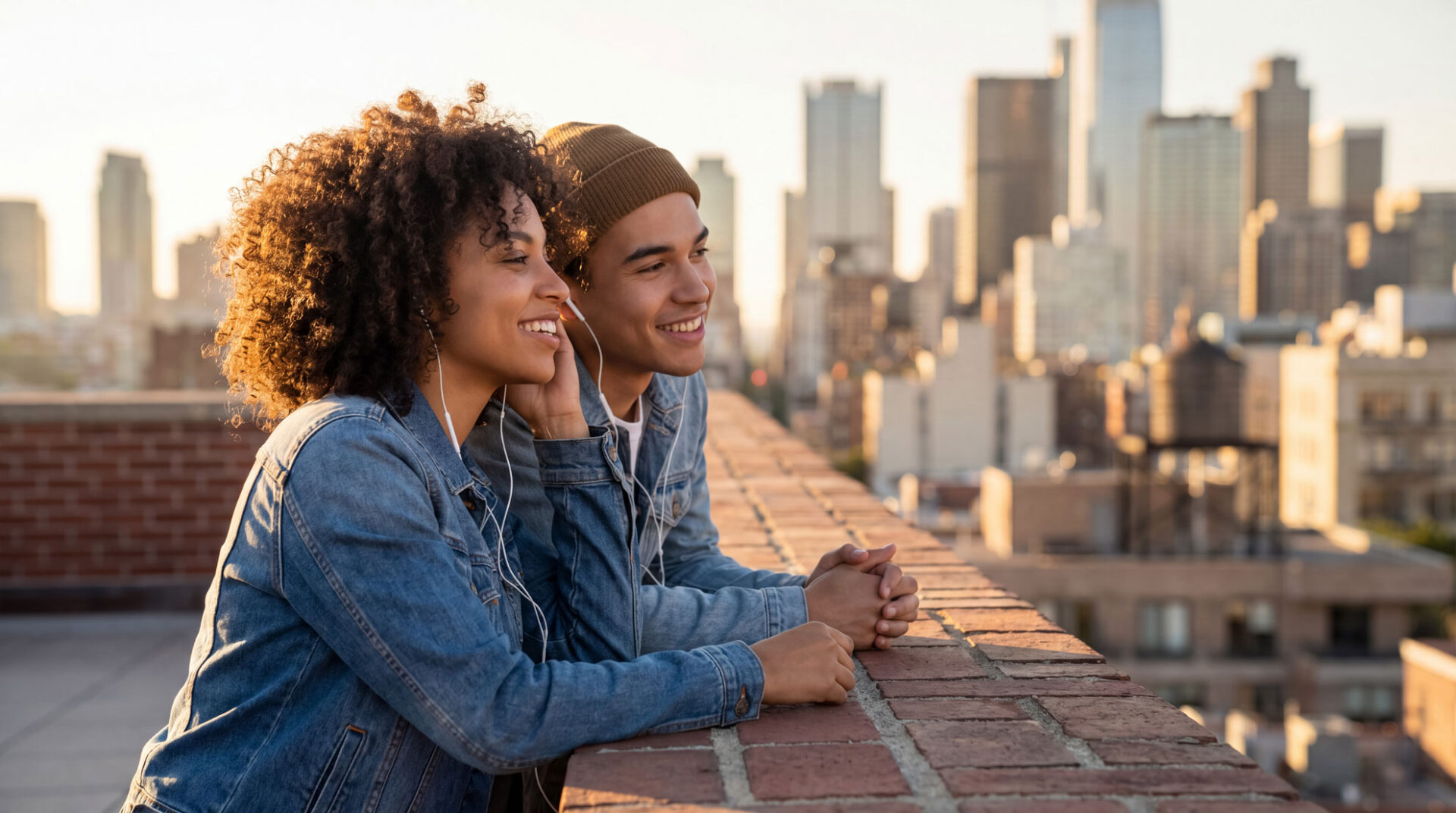 Young couple on a city rooftop after matching on a free dating app