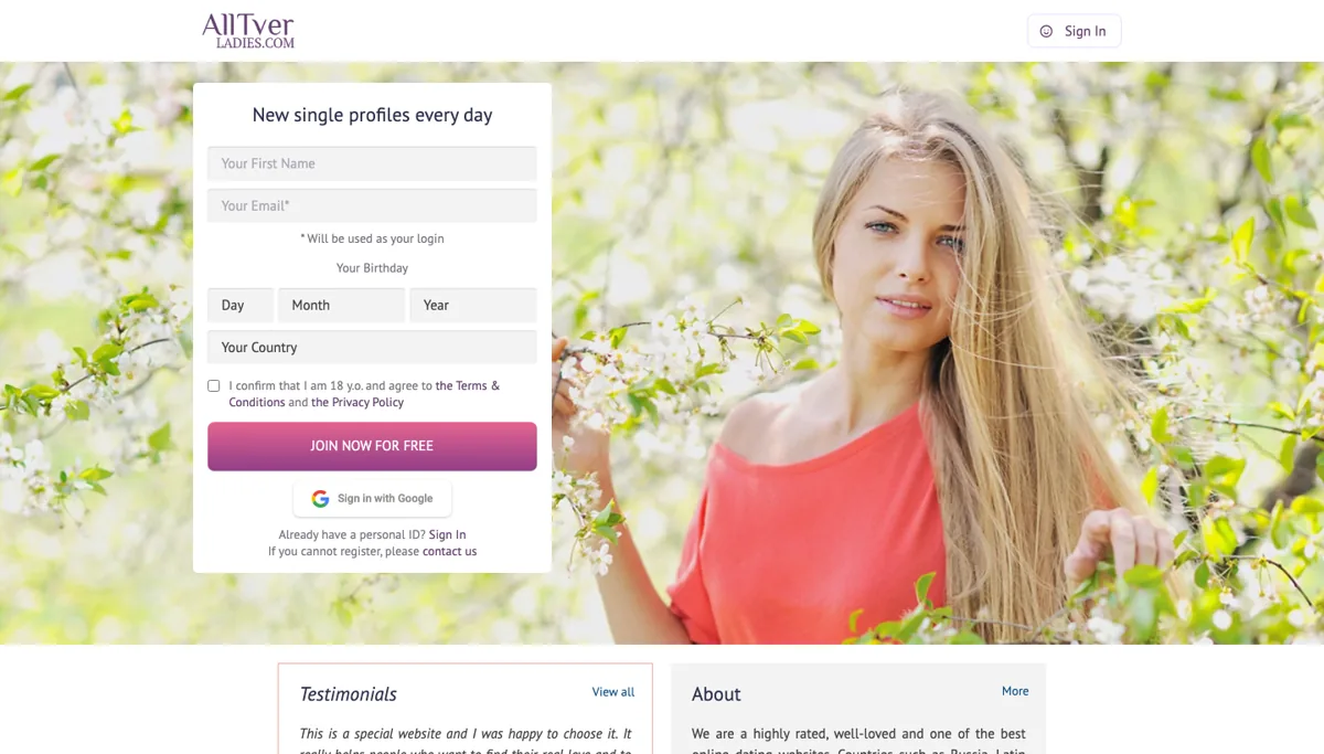 AlltverLadies review: the homepage with its free sign-up form