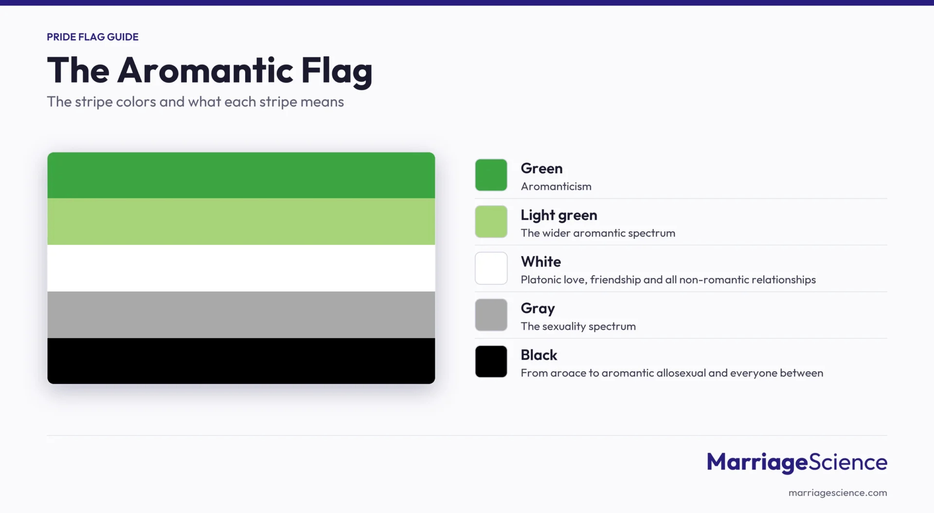 Aromantic pride flag with green, light green, white, gray and black stripes and the meaning of each stripe
