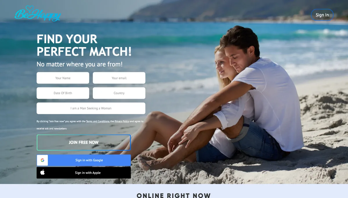 BeHappy2Day review: the homepage with its free sign-up form