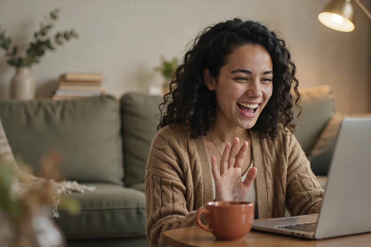 Woman laughing and waving on a laptop video call