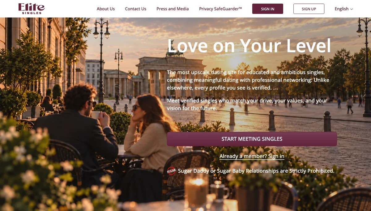 EliteSingles homepage with the Start Meeting Singles button and verified profiles message