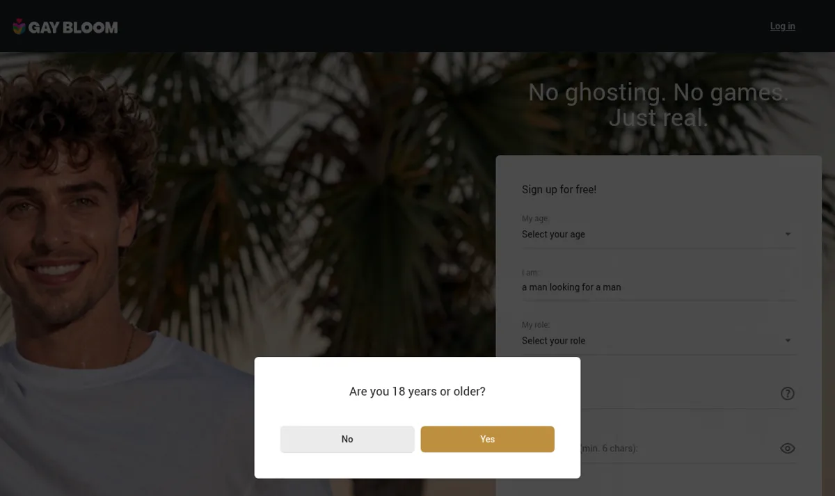 GayBloom review: the homepage with its free sign-up form