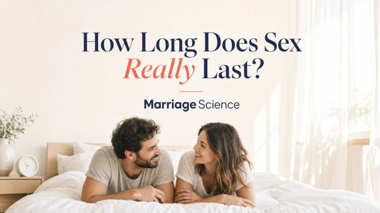 Smiling couple in T-shirts lying on a bright white bed facing each other, under the headline How Long Does Sex Really Last