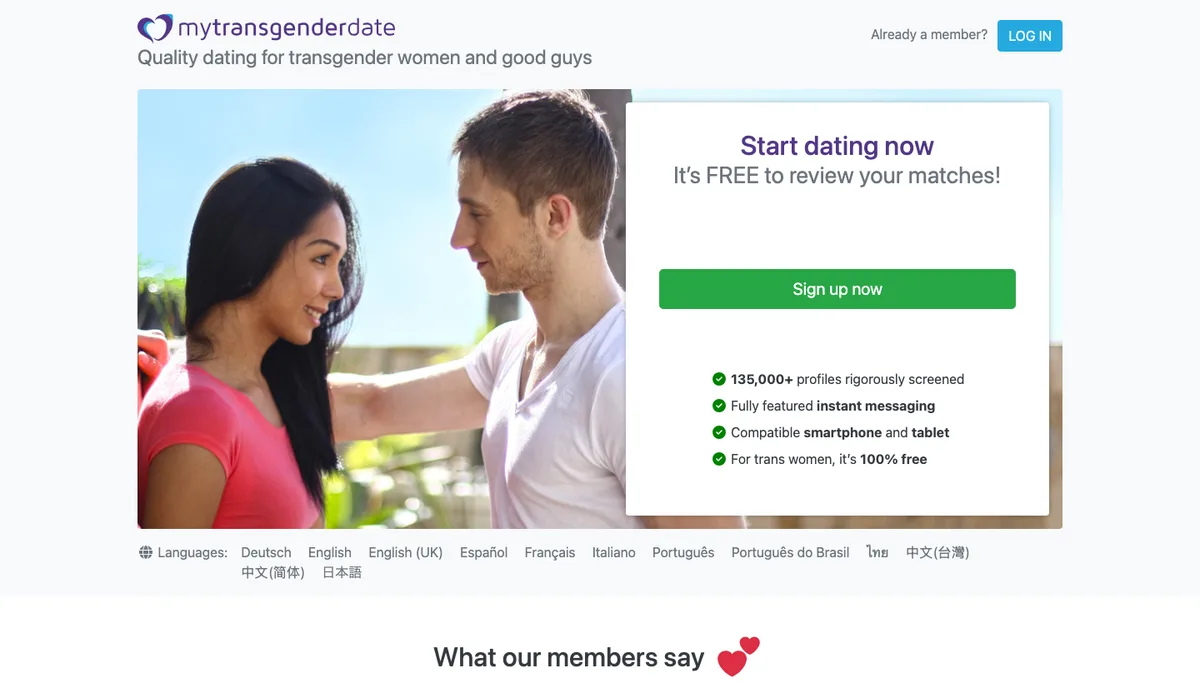 My Transgender Date homepage with the Start dating now panel and the free for trans women note