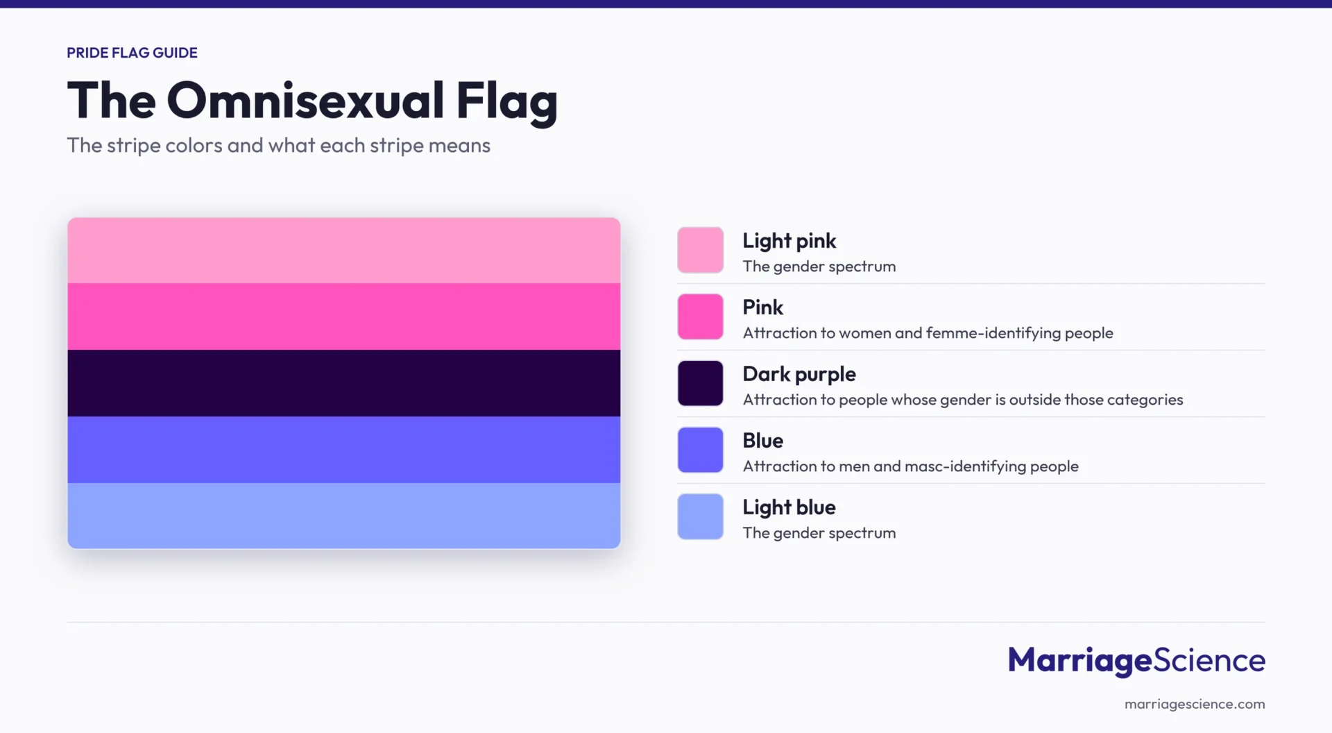 Omnisexual pride flag with light pink, pink, dark purple, blue and light blue stripes and the meaning of each stripe