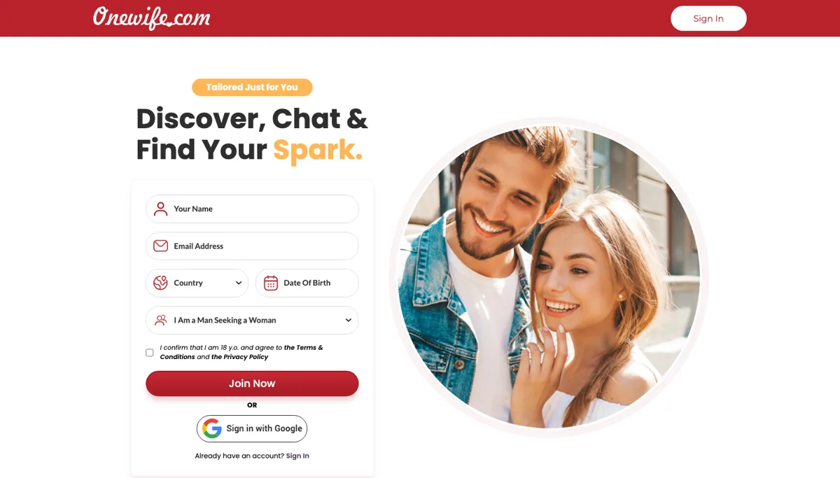 OneWife review: the homepage with its free sign-up form