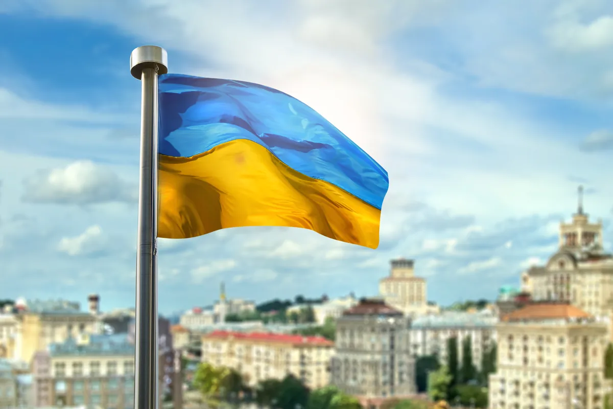 Ukrainian flag flying over Kyiv city center