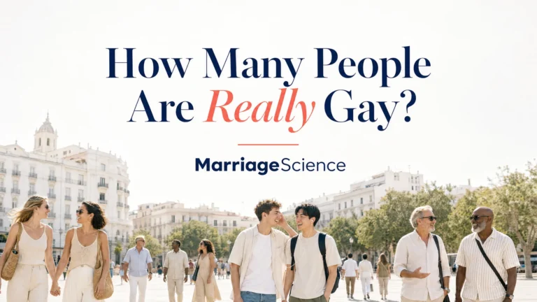 Diverse adults walking across a sunny city plaza, two women holding hands and two young men laughing together, under the headline How Many People Are Really Gay