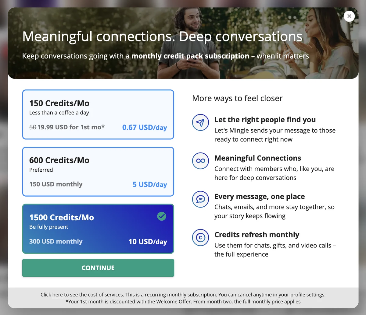 Dating.com monthly credit pack screen in USD with the 150, 600 and 1,500 credit plans