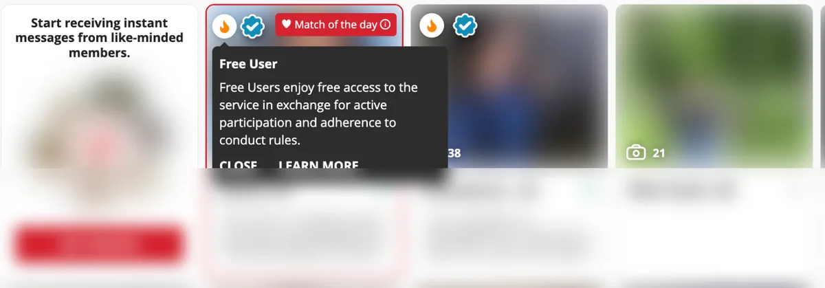 Dating.com search results with the Free User flame badge and its tooltip, member photos blurred