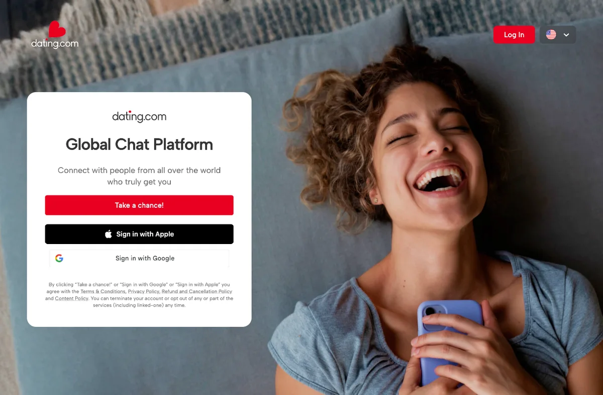Dating.com homepage calling itself a Global Chat Platform with Apple, Google and email sign-up