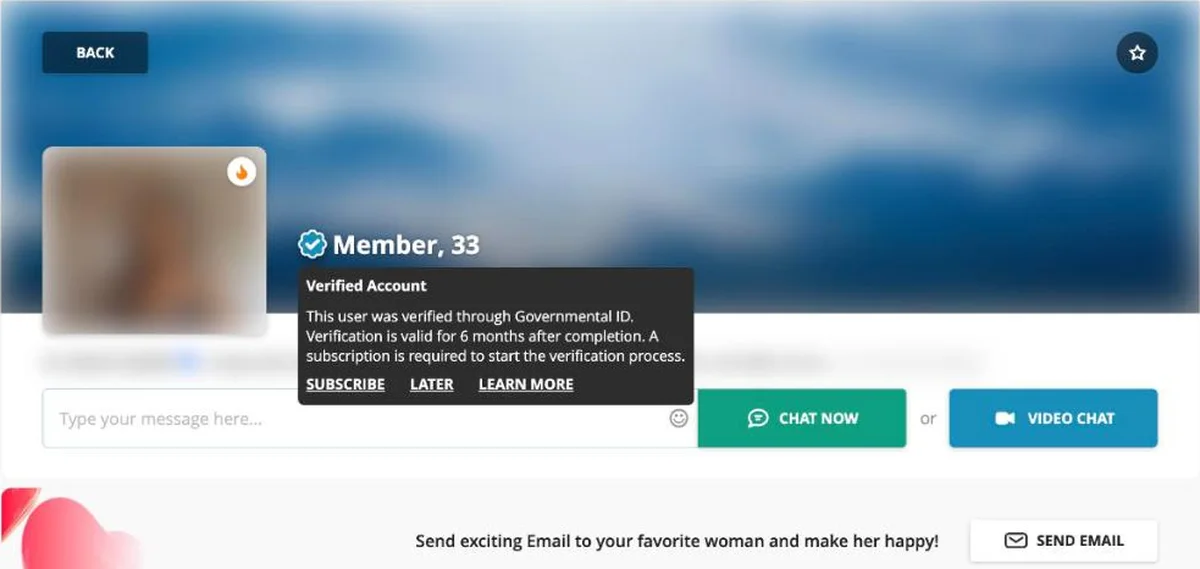 Dating.com profile with the Verified Account tooltip and the Chat Now and Video Chat buttons