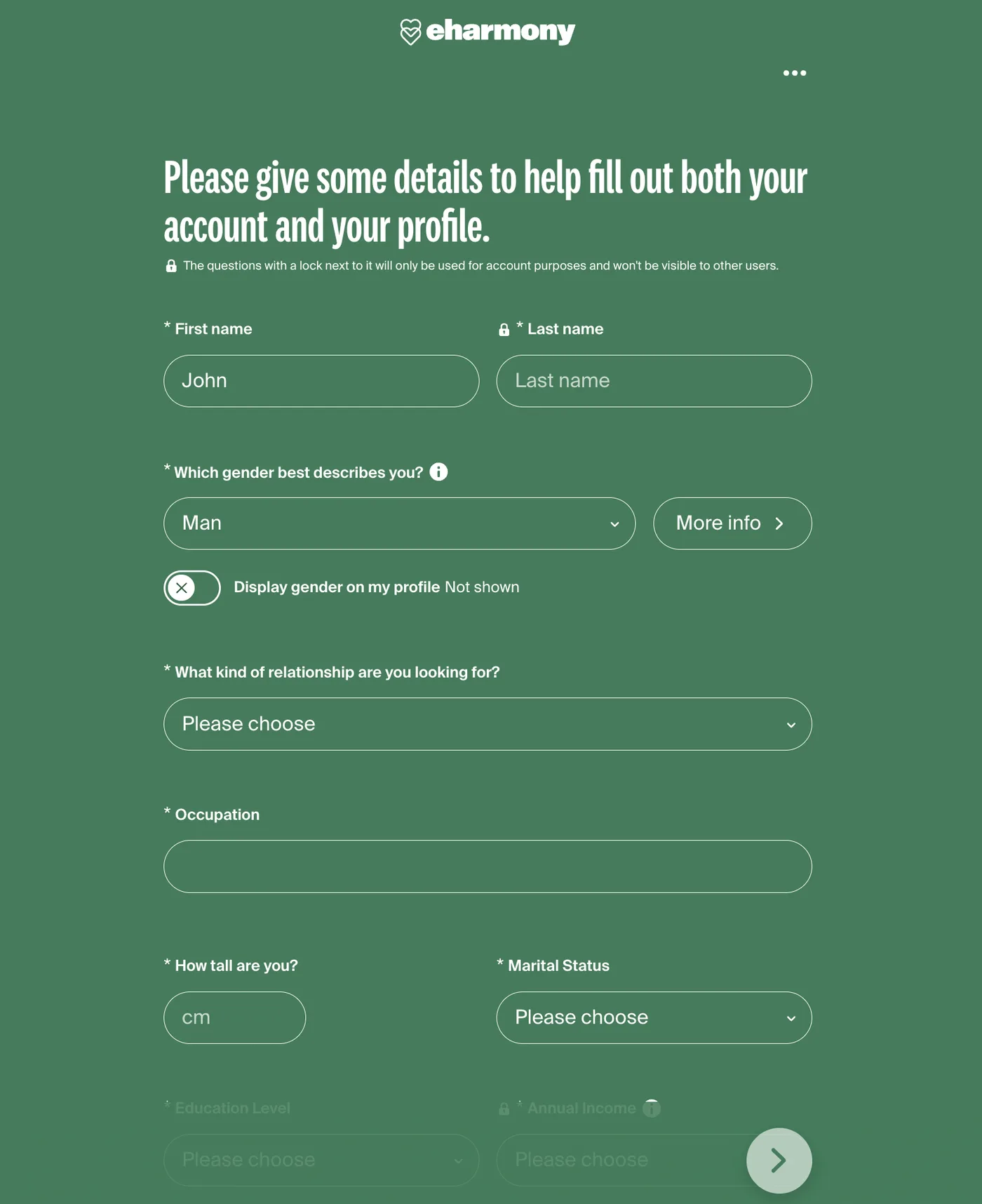 eharmony profile form asking for occupation, height, marital status, education and income