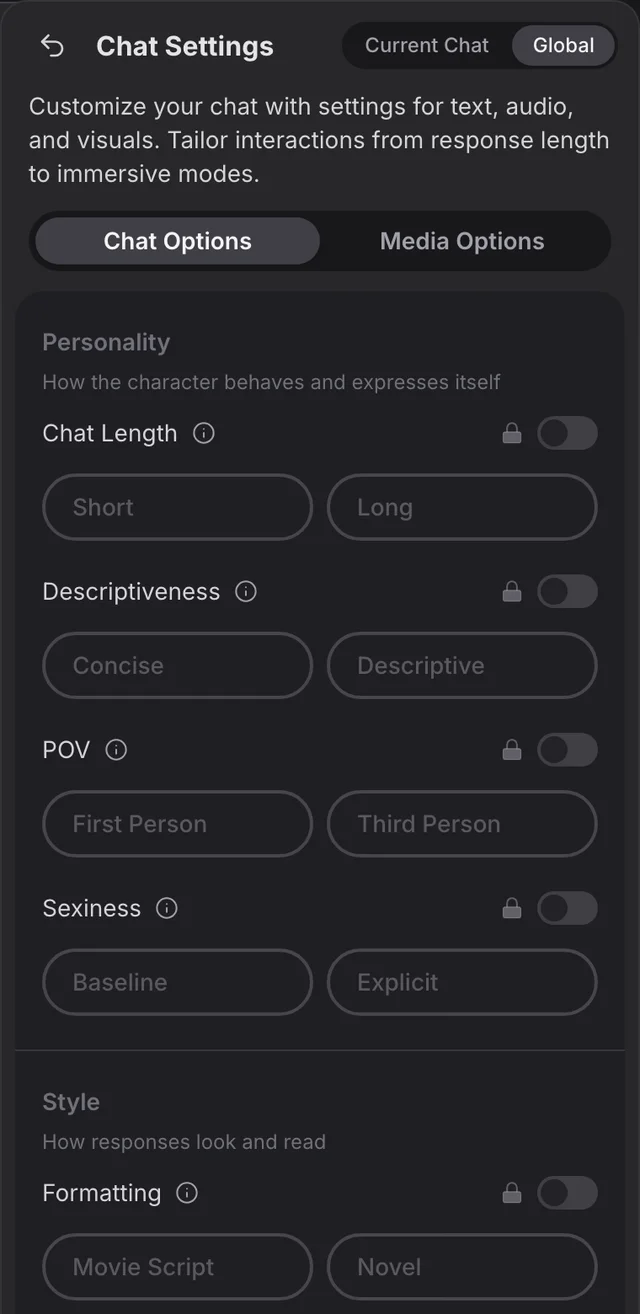 GirlfriendGPT Chat Settings panel with chat length, descriptiveness, point of view, sexiness and formatting options