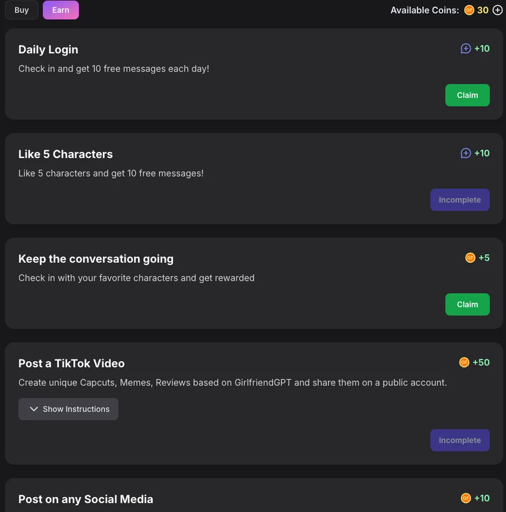 GirlfriendGPT Earn tab listing daily login, like five characters and social media tasks with coin rewards