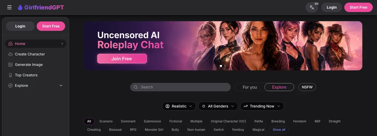 GirlfriendGPT homepage with the Uncensored AI Roleplay Chat banner, search bar and character filters