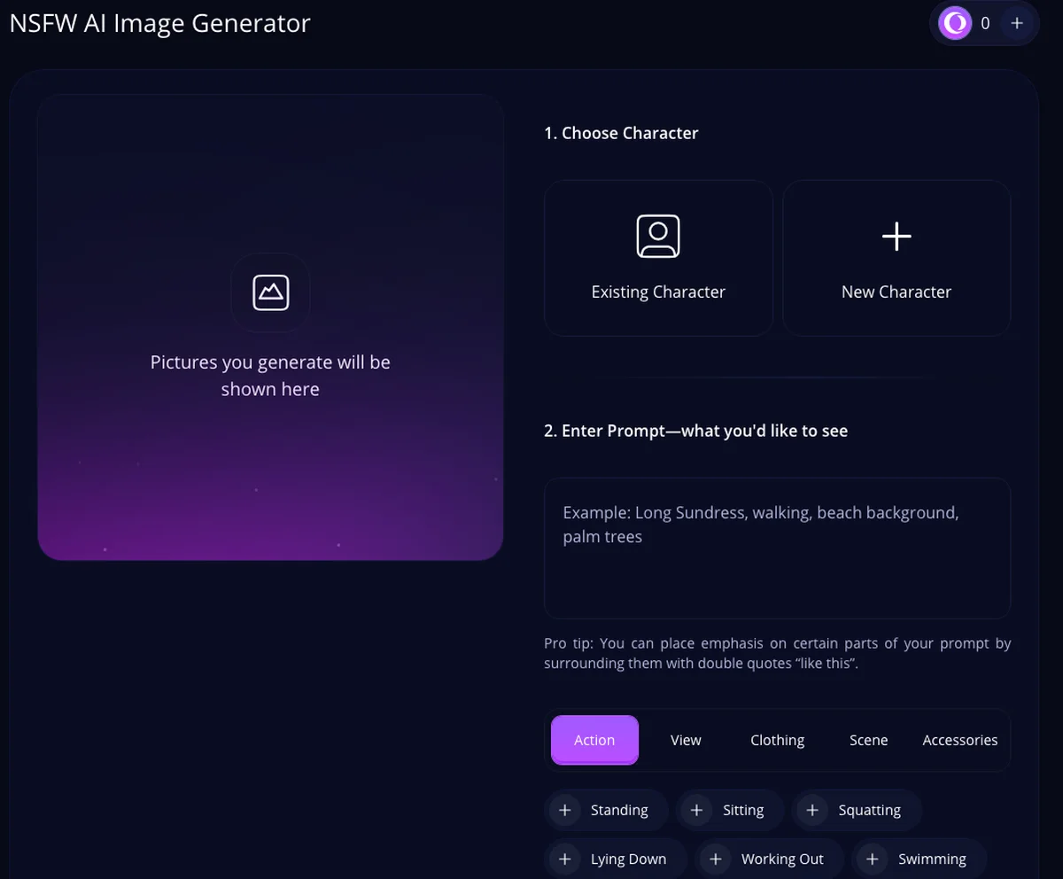 HeraHaven image generator with character choice, a prompt box and preset action, view, clothing and scene tags