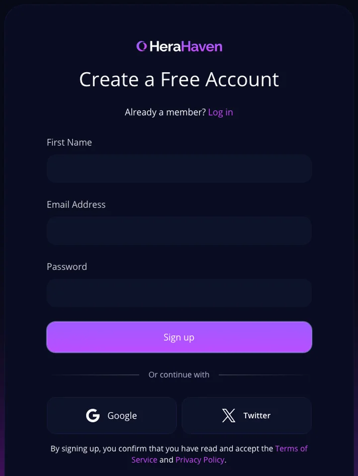 HeraHaven Create a Free Account form with first name, email and password fields and Google or Twitter login