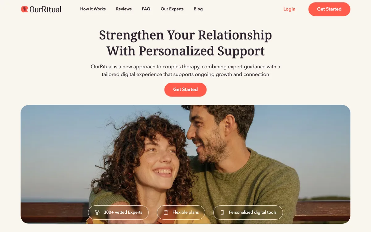 OurRitual homepage with a couple, 300+ vetted Experts, flexible plans and personalized digital tools