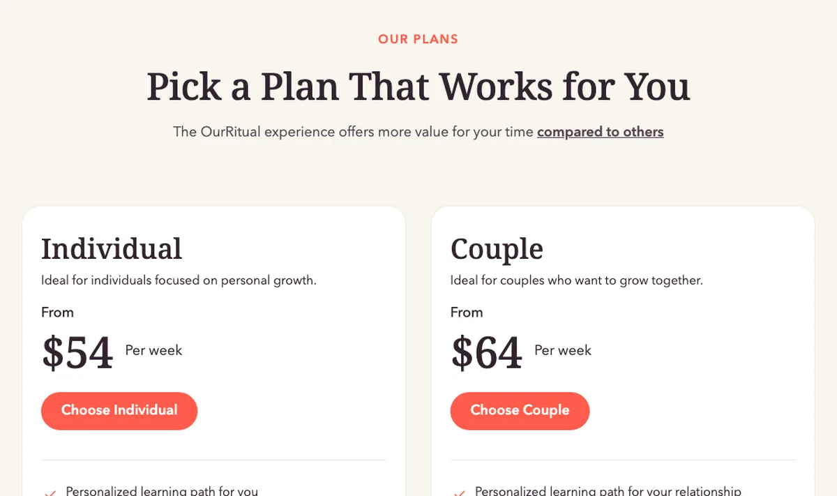 OurRitual plans page with the Individual plan from $54 per week and the Couple plan from $64 per week