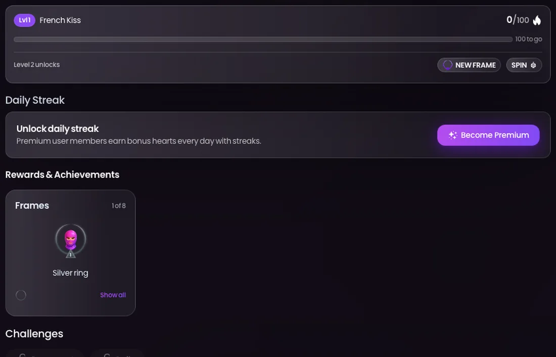 Swipey rewards page with level 1 progress, a locked daily streak and an avatar frame