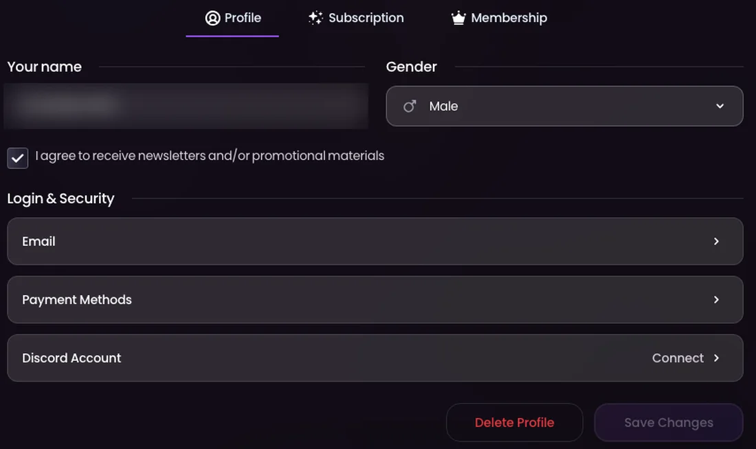 Swipey account settings with email, payment methods, Discord and a Delete Profile button